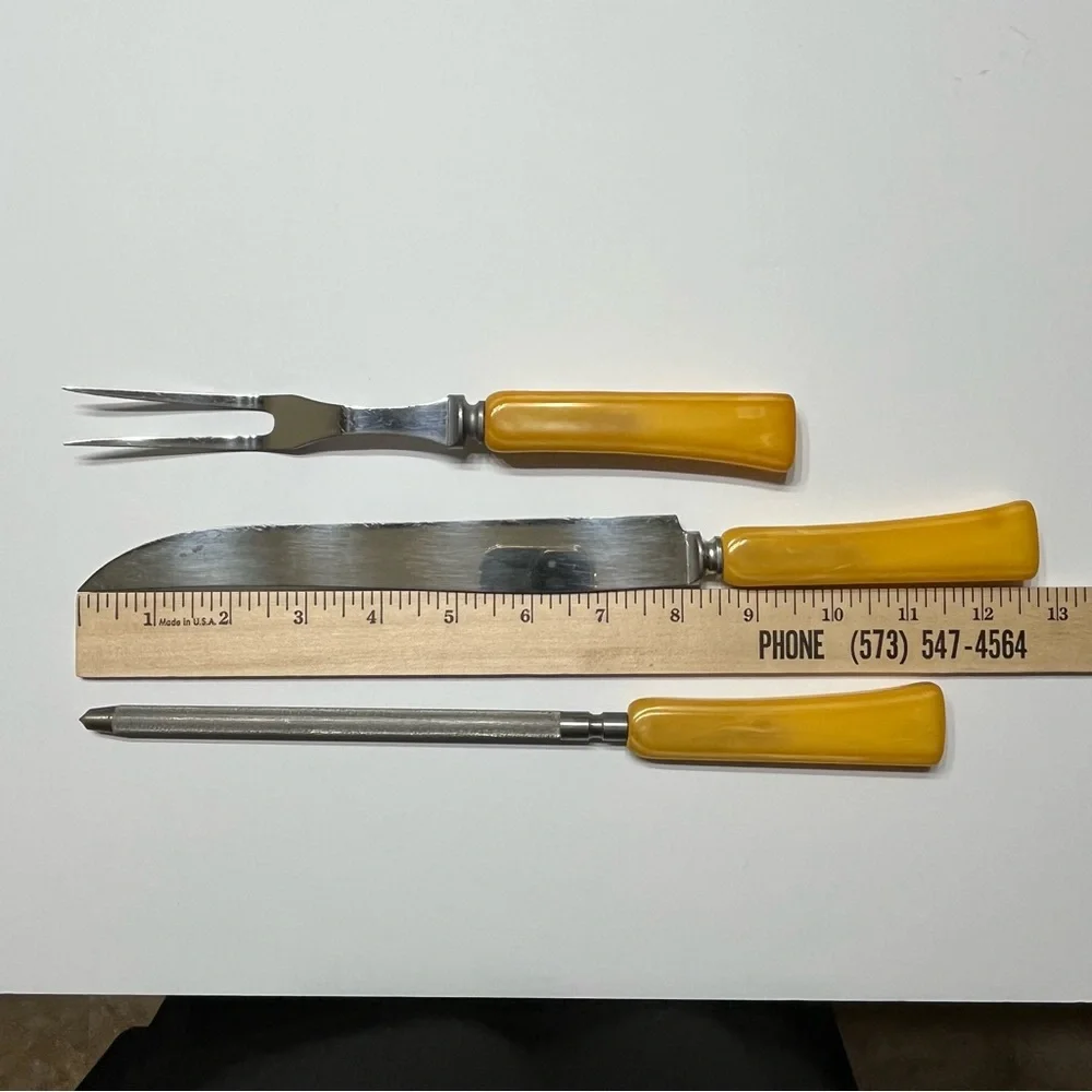 Vintage MCM Stainless Steel 3 Piece Carving Set With Bakelite Handles